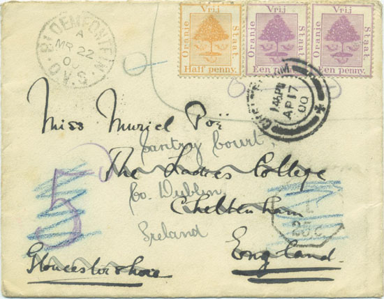 An attempt to use the invalidated stamps in Bloemfontein just after the occupation.